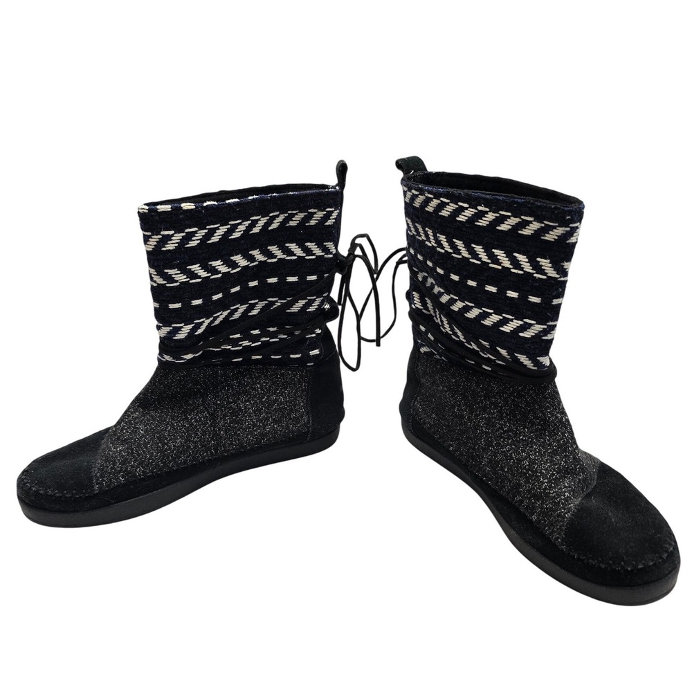 TOMS Nepal Mid-Calf Boots Black Blue Woven Wool Suede Lace Up Womens 9 Boho